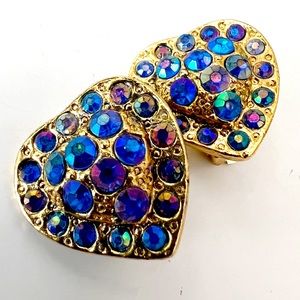 *4/$20*Vintage Gold Tone Heart Clip On Earrings Blue Aurora Borealis Rhinestones